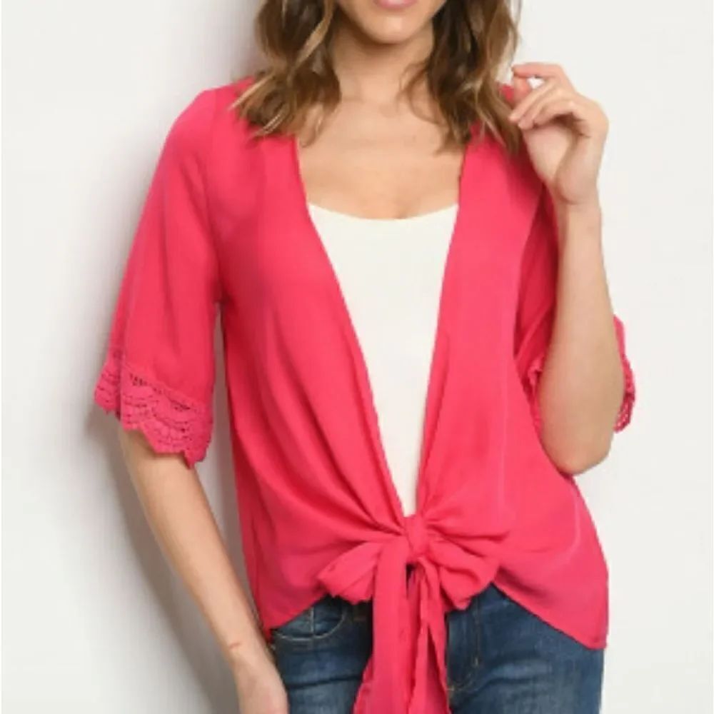 Fuchsia Crochet Sleeve Tie Front Kimono